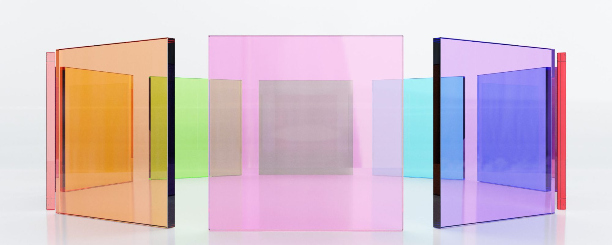 3d rendering illustration, Colorful glass square sheet align in